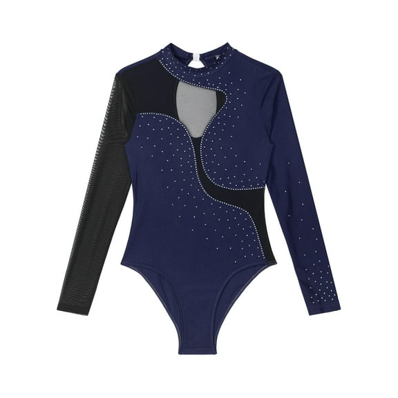 Raenseen Women Color Block Keyhole Back Leotard Long Sleeve Ballet Bodysuit Ballroom Gymnastic Sports Navy Blue L