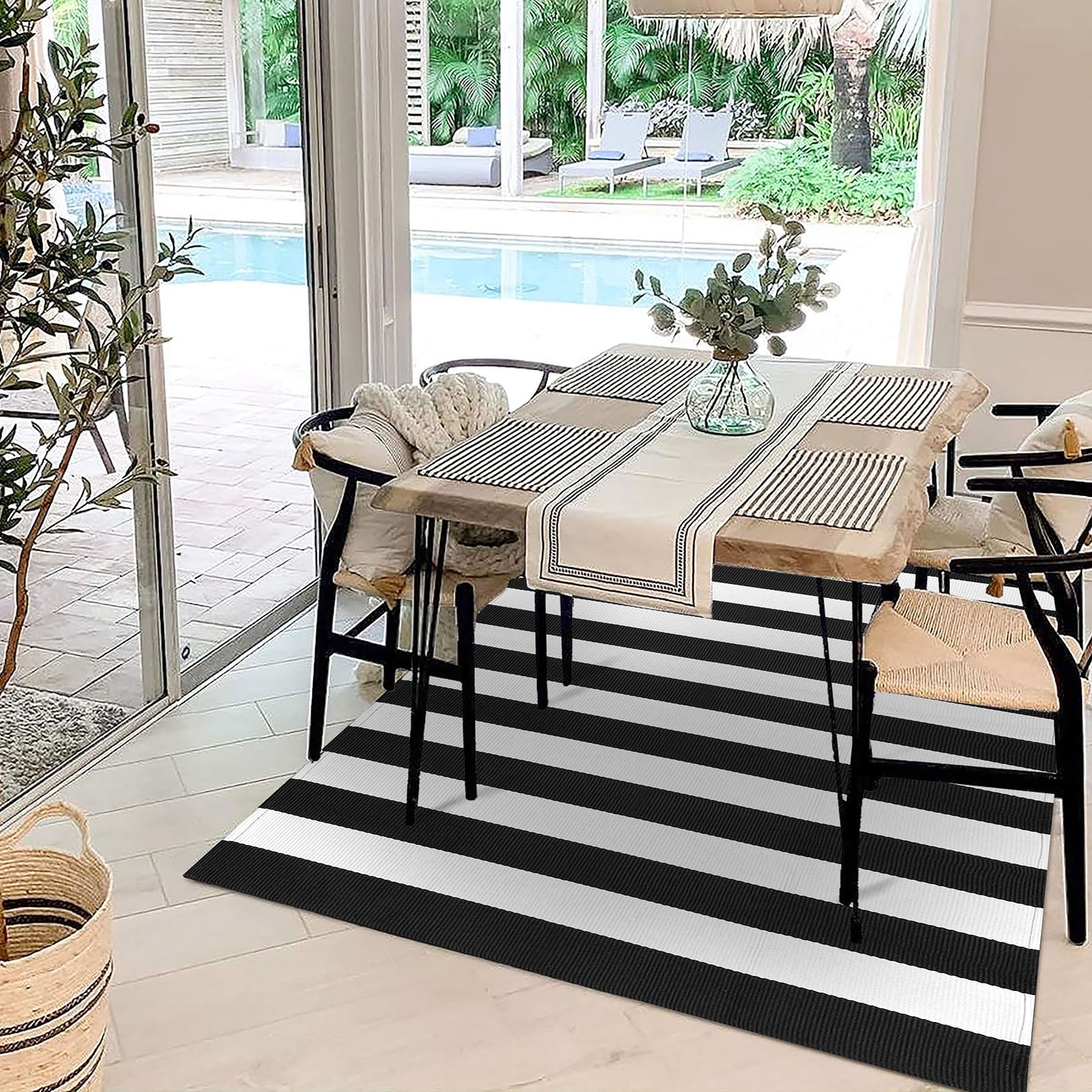 iOhouze Outdoor Area Rugs Black and White Striped Outdoor Rug 5x7 ft Washable Area Rug Indoor Outdoor Cotton Striped Rugs Large Floor Carpet for Garden Patio