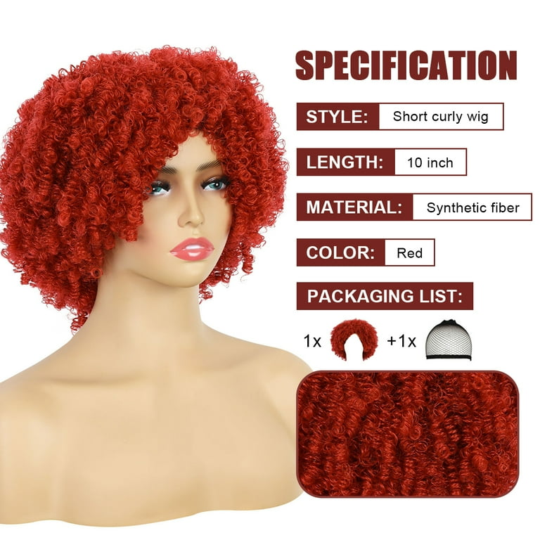 Queentas Short Kinky Curly Wigs for Black Women Synthetic Red Wig with Bangs 70s 80s Mens Wigs Glueless Wigs Fluffy Wig