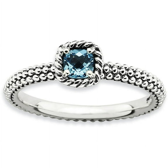 Checker-Cut Blue Topaz Sterling Silver Antiqued Ring