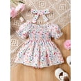 thumbnail image 2 of Bslissey Infant Baby Girls Easter Romper Dress Bunny Floral Print Short Sleeve Smocked Bodysuit with Headband Newborn Cute Summer A-line Dress 3M 6M 9M 12M 18M, 2 of 9