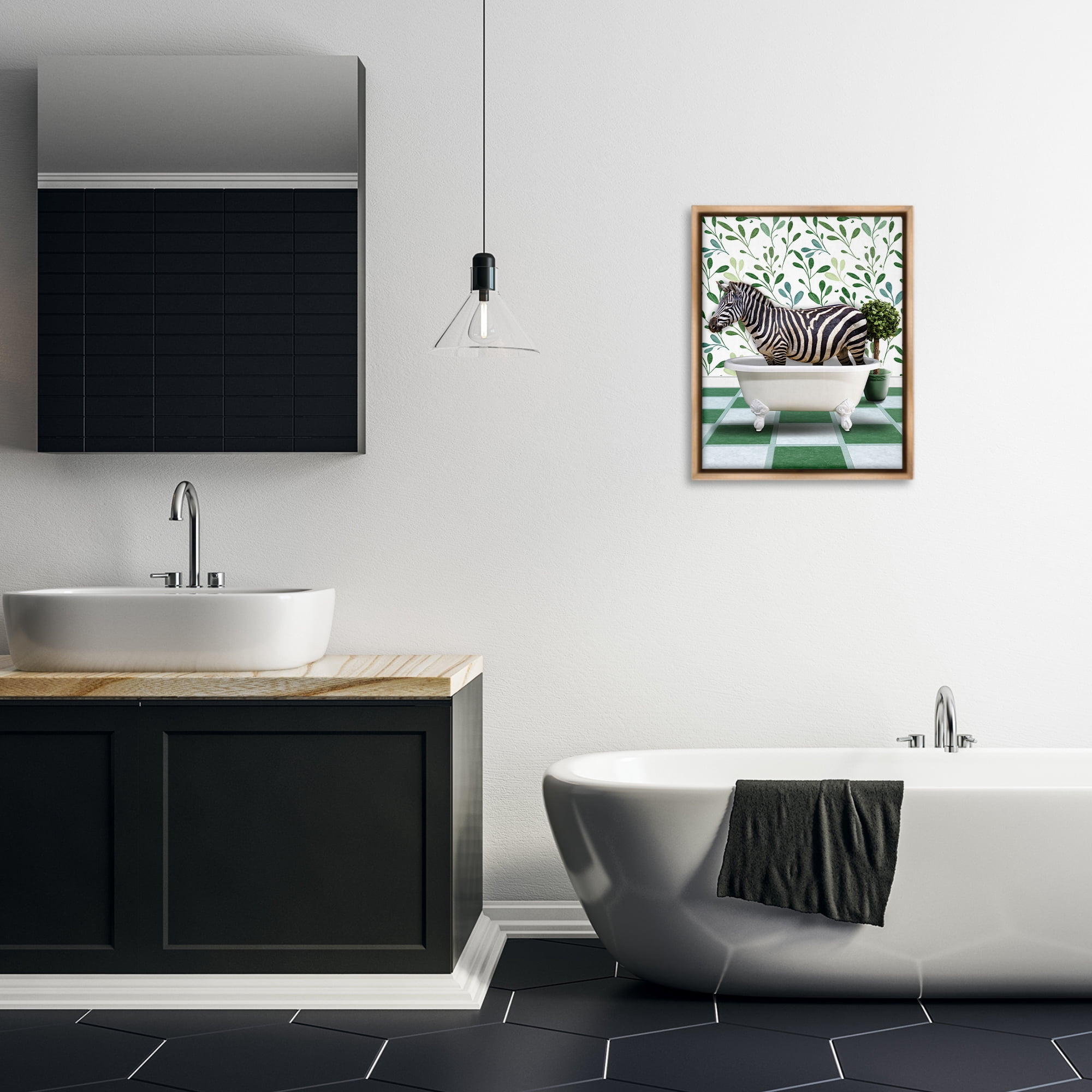 Stupell Industries Zebra in Green Bathroom Bath & Laundry Painting Brown Floater Framed Canvas Art Print Wall Art, 17 x 21