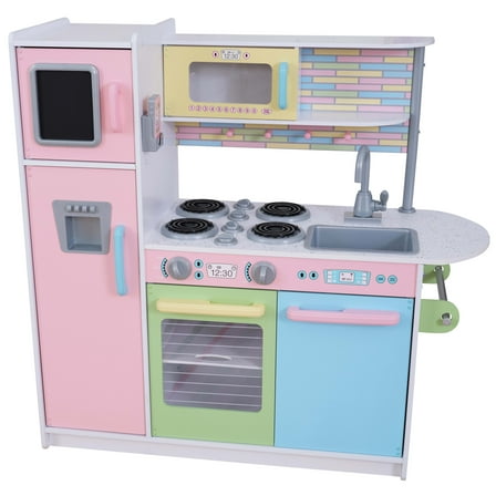 KidKraft Uptown Pastel Wooden Play Kitchen with Chalkboard, Play Phone, and See-Through Doors