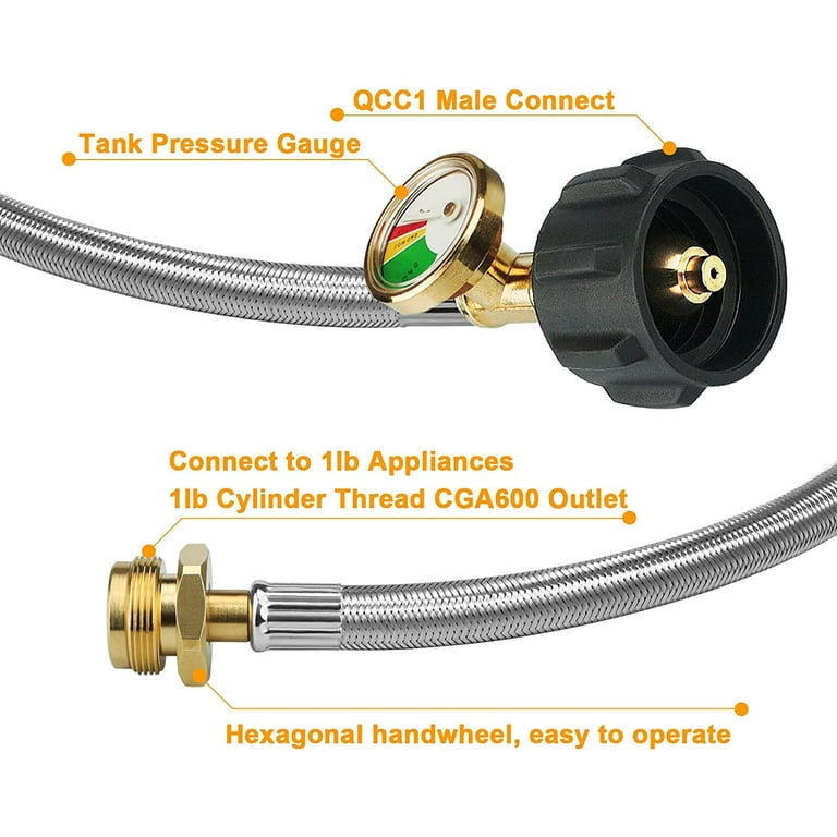 NQN 12FT Stainless Braided Propane Adapter Hose with Gauge NQN 12FT Stainless Braided Propane Adapter Hose with Gauge