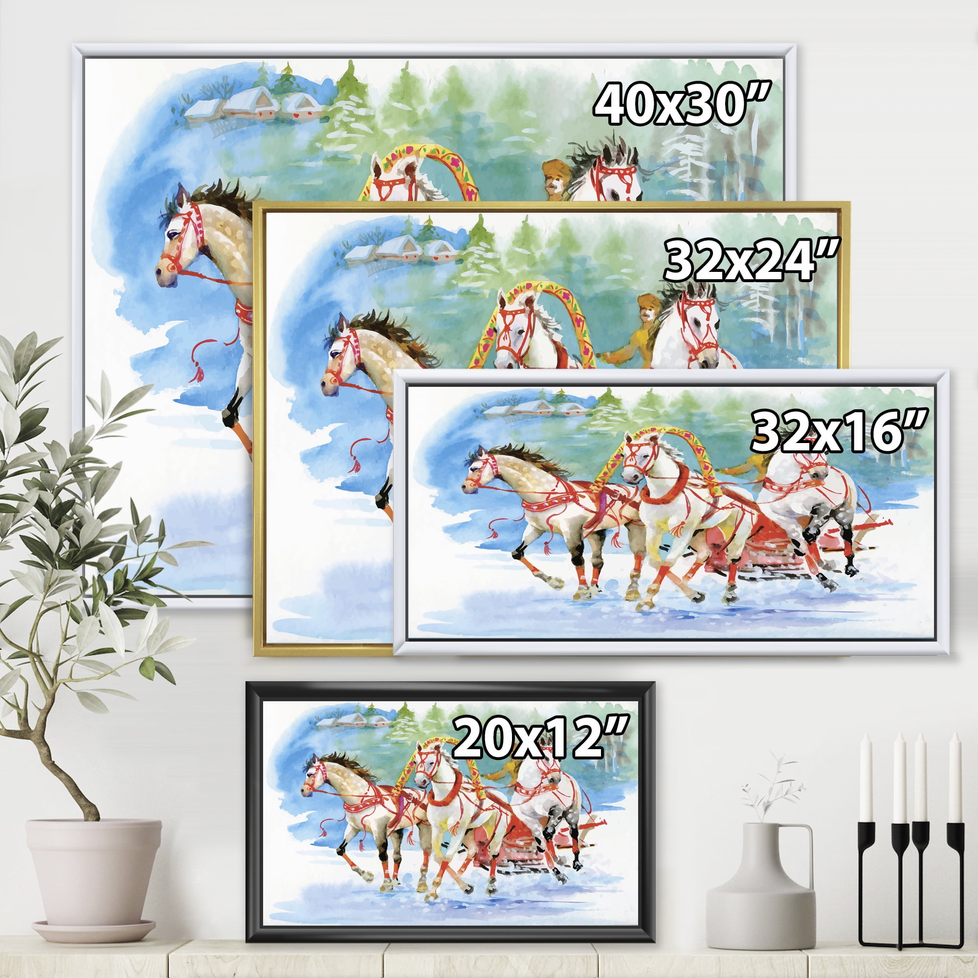 Designart 'Carriage In The Snow With Galoping Horses' Farmhouse Framed Canvas Wall Art Print