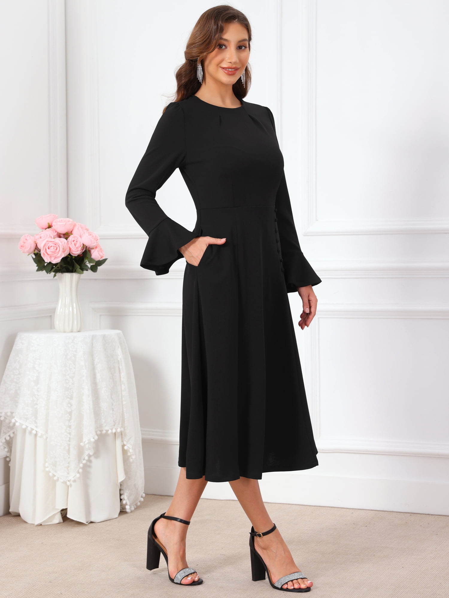 DARING DIVA Women's Formal Bell Sleeve Crewneck A-Line Pockets Dress S Black