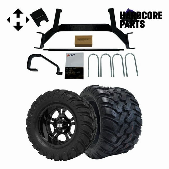 Hardcore Parts 6" Drop Axle Lift Kit for EZGO TXT/PDS (2001.5-2008) Gas Golf Cart with 12" Black 'DARKSIDE' Wheels and 22"x11"-12"  DOT rated Mud-Terrain/All-Terrain tires