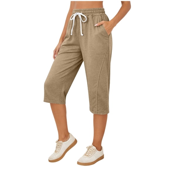 Vivianyo HD Women's Drawstring Knit Capri Sweatpants, Mid Waist Straight Leg Solid Casual Cropped Jogger Trousers for Women, Women's Khaki, Sizes S-3XL