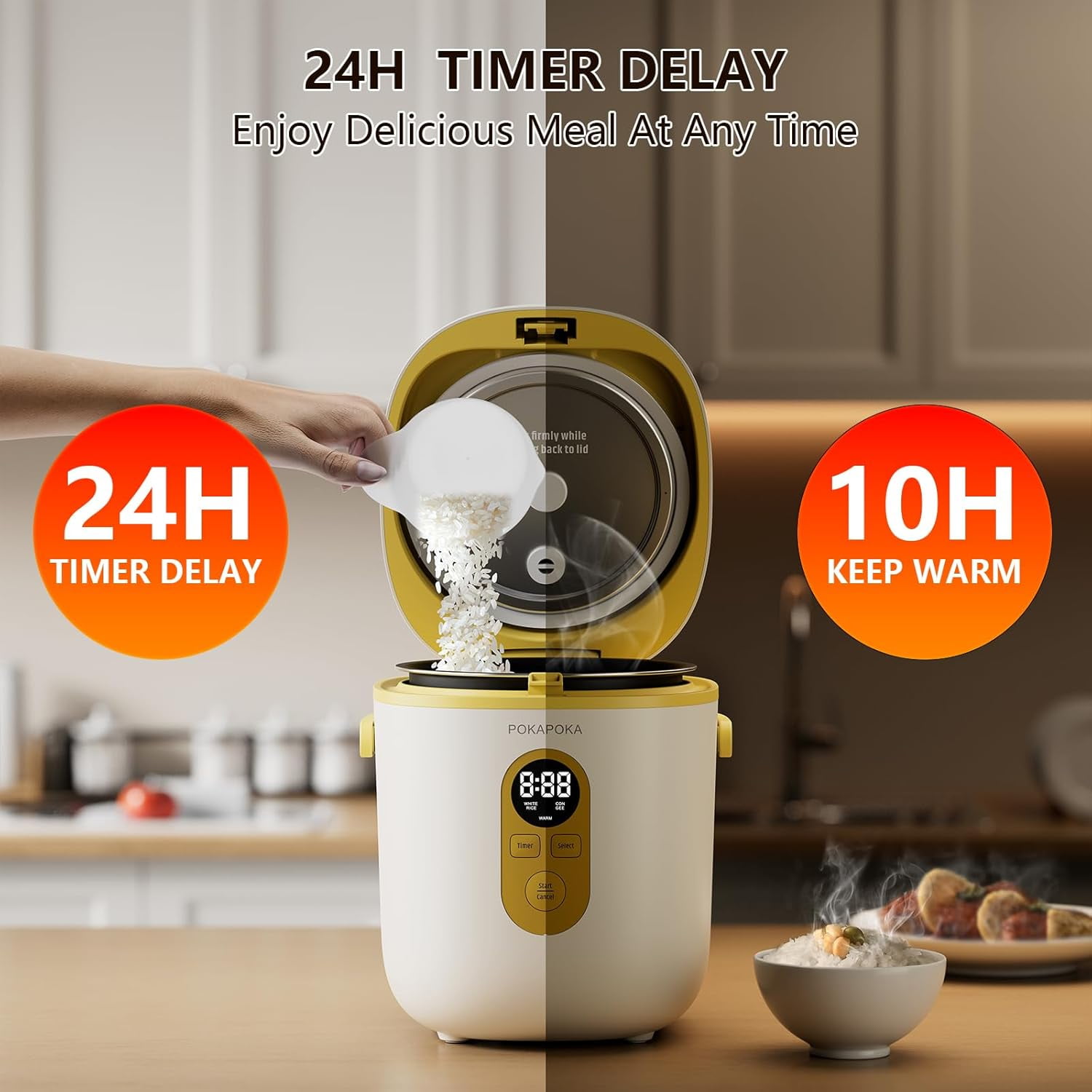 Mini Rice Cooker 2 Cup Uncooked, Small Travel Rice Cooker with Portable Handle, 24-H Timer Delay, LED Display, 1.2L Non-stick Inner Pot