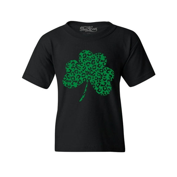 Shop4Ever Kids Leopard Print Shamrock St. Patrick's Day Graphic Child's Youth T-Shirt X-Small Black