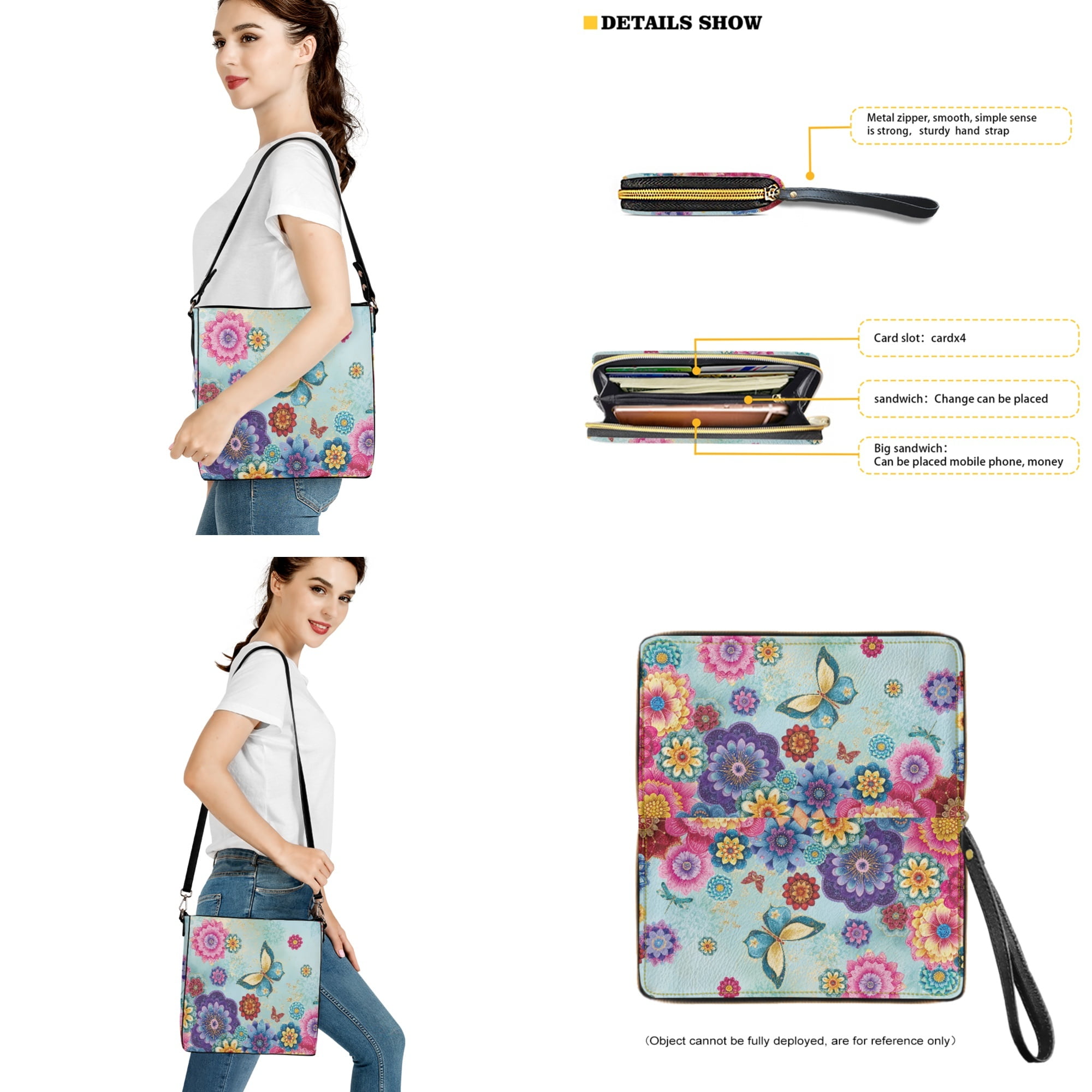 ZUXONGSY Boho Mandala Butterfly Print Crossbody Handbag with Leather Wallet for Women Lady Multipurpose Bucket Bag Tote Purse Set Fashion Crossbody Hobo Bag with Wallet Set for Working