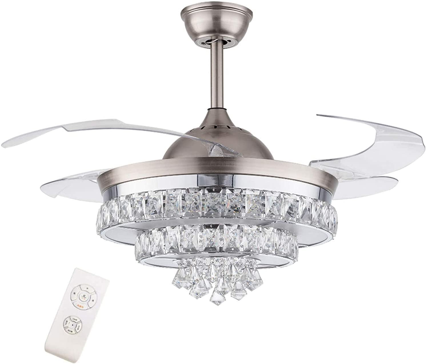 42" Retractable Crystal Ceiling Fan Light Remote Control LED 3-Color Chandelier 
