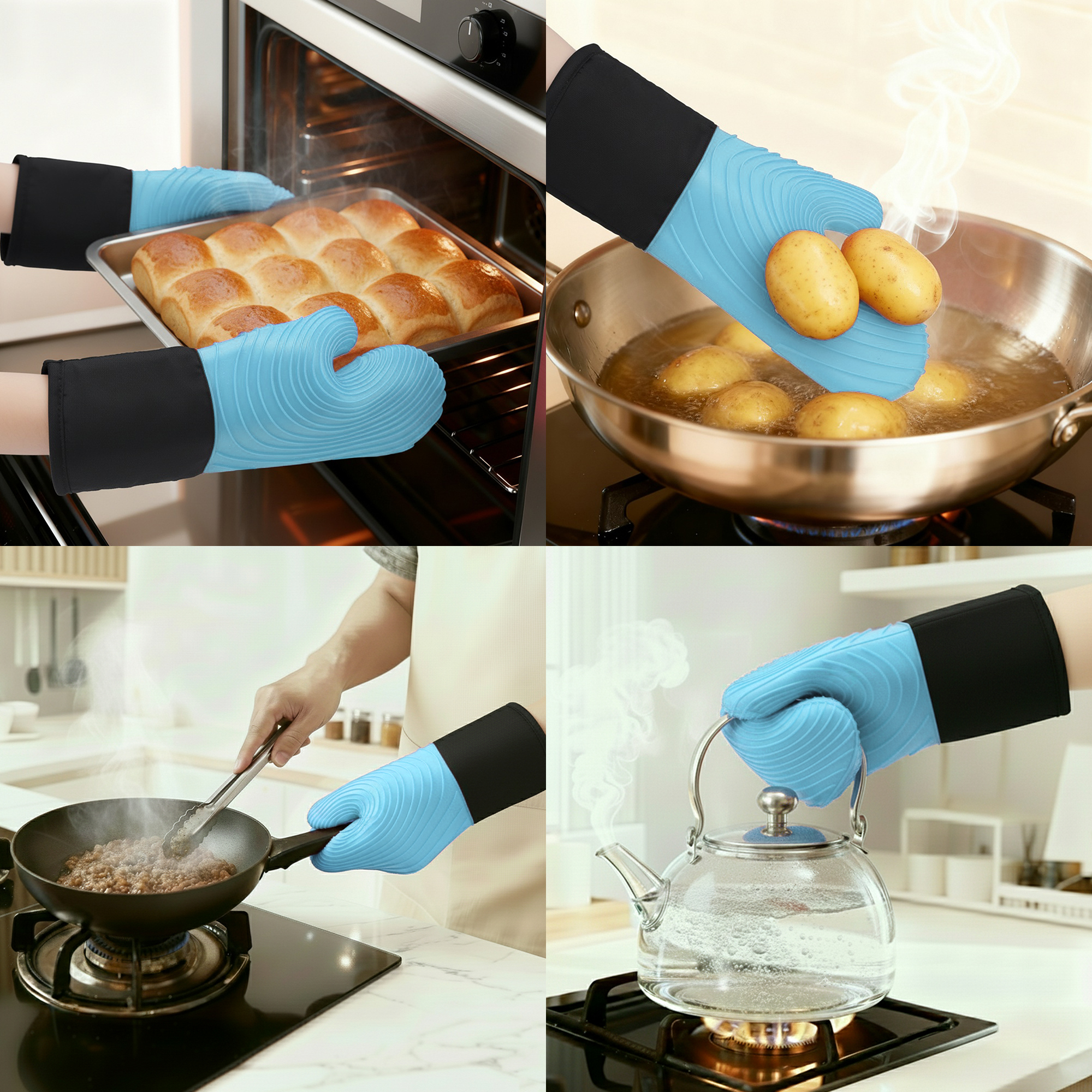 Unique Bargains Cotton Oven Mitts Heat-Resistant Cooking Gloves Sky Blue 13.4x7.1inch