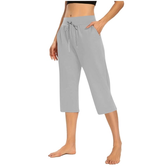 UAMVSH Womens Capri Pants Basic Pockets Casual Athletic Capris High Waist Yoga Gym Workout Lounge Cropped Pants with Drawstring