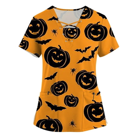 

Sksloeg Sksloeg Halloween Scrubs for Women Work Uniform Tops V Neck Short Sleeve Loose Fit Blouse Pumpkin Cat Witch Print Tunic Tees with Pockets Black 3XL