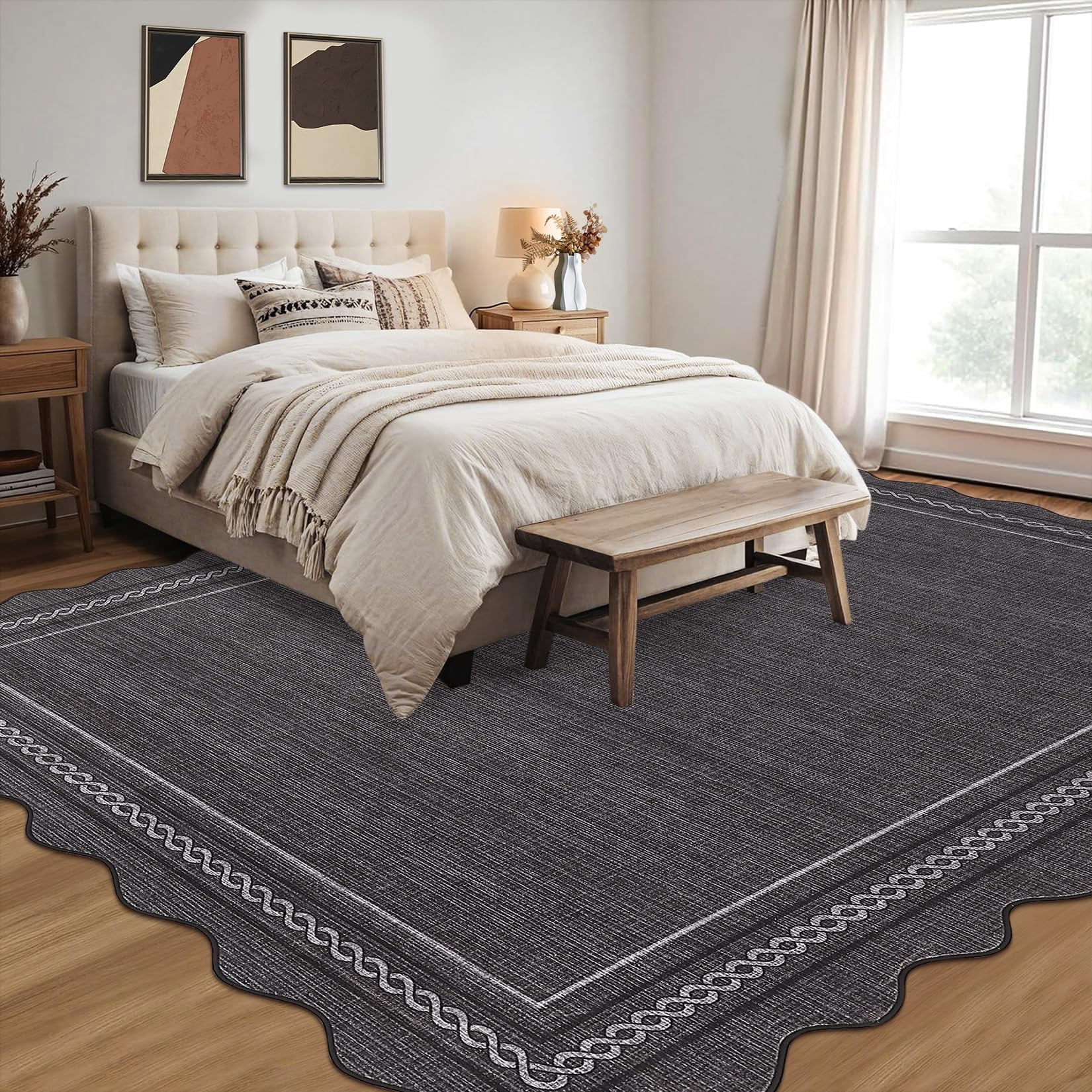 9*12FT Washable 9x12 Area Rug for Living Room Scalloped Solid Black Rug Non Slip Soft Bedroom Rugs Low Pile Foldable Large Area Rug Stain Resistant Carpet for Nursery Dining Classroom, Black Black