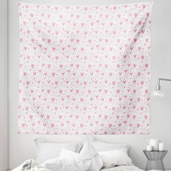 Abstract Pink Tapestry, Lover Pastel Heart with Wings Romantic Hand Drawn Continuous Illustration, Fabric Wall Hanging Decor for Bedroom Living Room Dorm, 5 Sizes, White and Rose, by Ambesonne