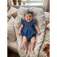 thumbnail image 6 of RUINIXCW Newborn Baby Girl Denim Bubble Romper One Piece Western Cowgirl Outfit Cute Infant Baby Girls Summer Clothes Fly Sleeve Smocked Jeans Bodysuit Jumpsuit Playsuit Headband, 6 of 9