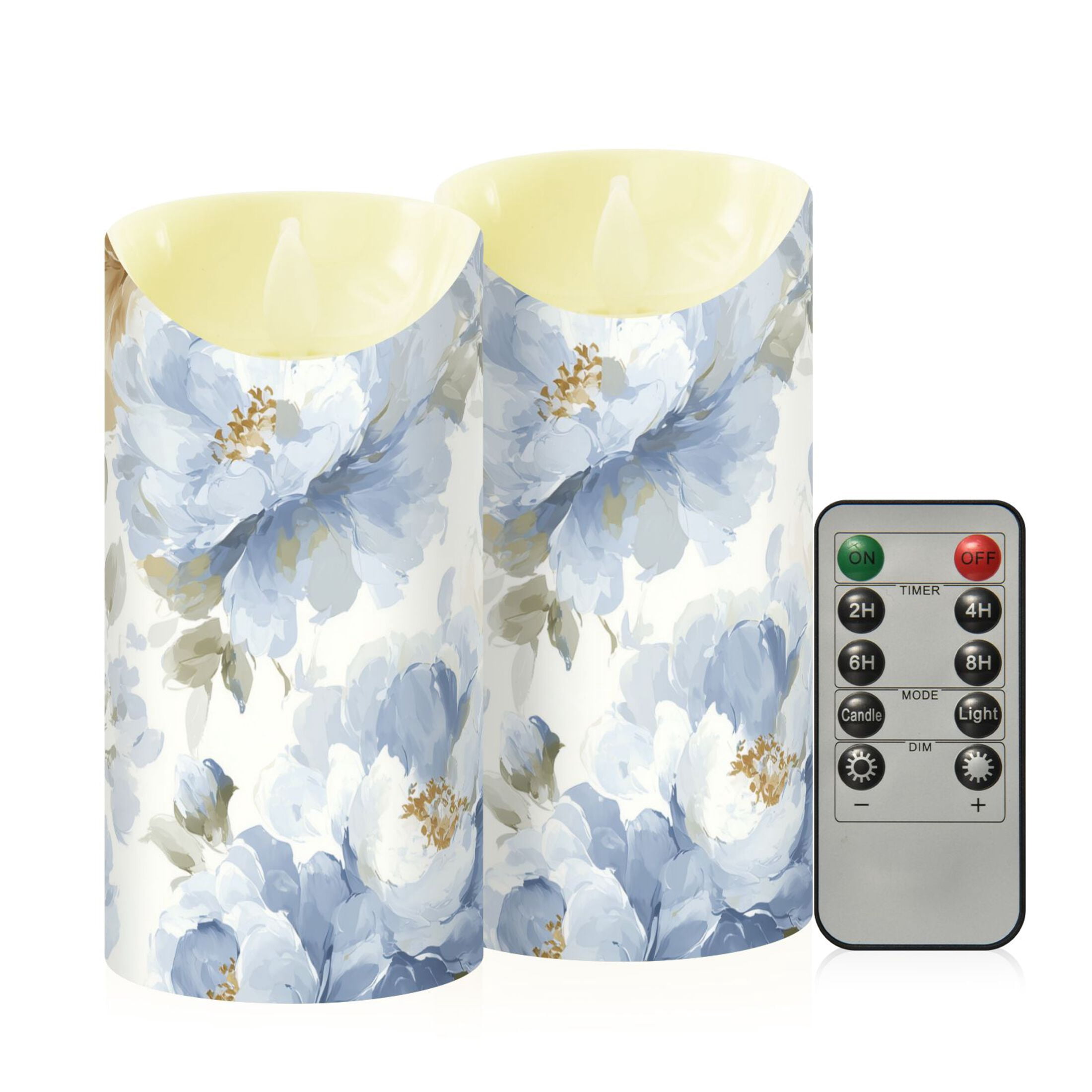 Light Blue and Yellow Flowers Flickering Flameless Candles with Remote Timer Battery Operated LED Tealight Set of 2 M