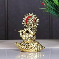 Lord Krishna On Shankh Metal Statue Bal Laddu Gopal Murti Playing Flute Decorative Showpiece for Pooja Room Home Office Decor Religious Idol Figurine for Study Table & Gifting Purpose