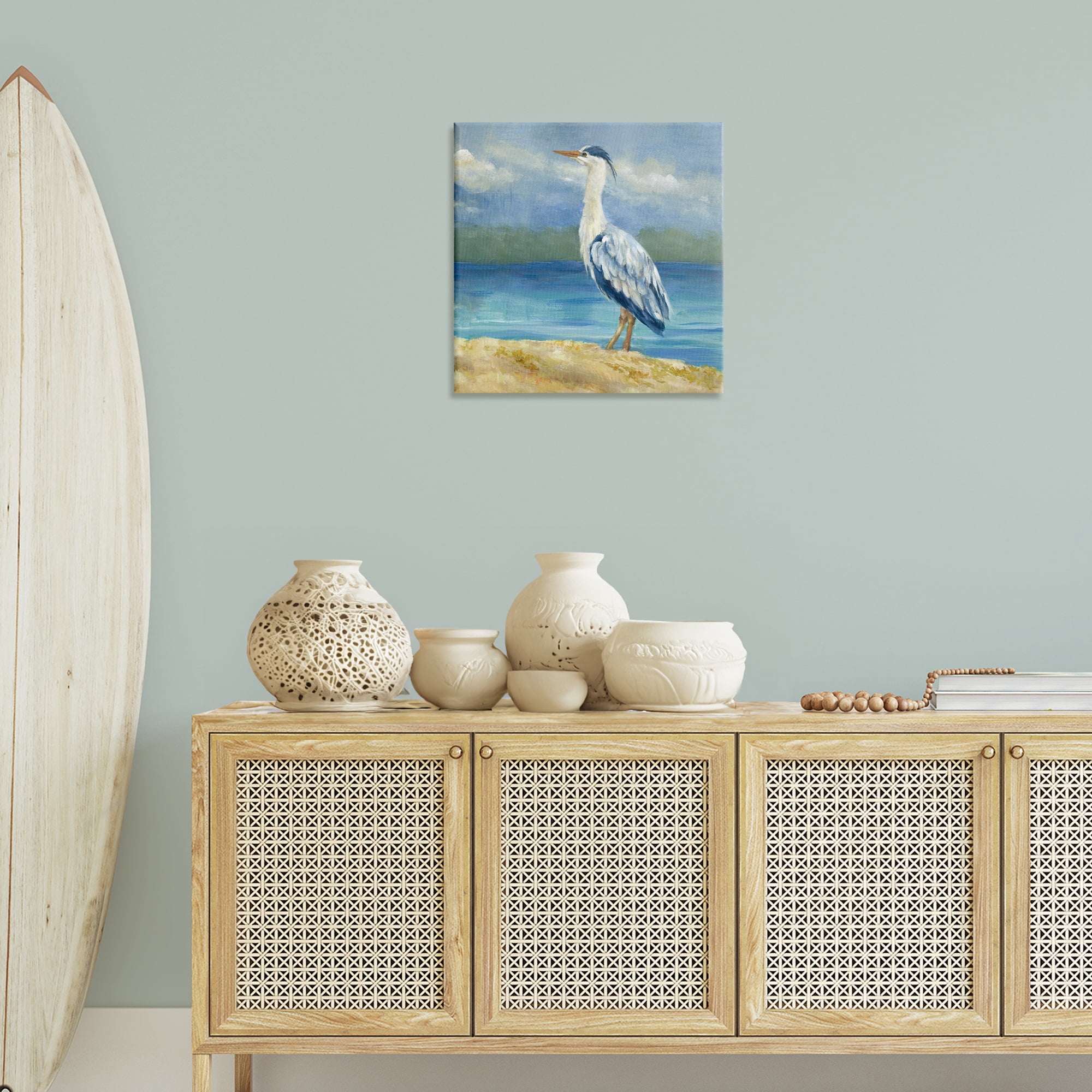 Stupell Industries Heron on Cloudy Beach Nautical & Beach Painting Wrapped Canvas Art Print Wall Art, 24 x 24