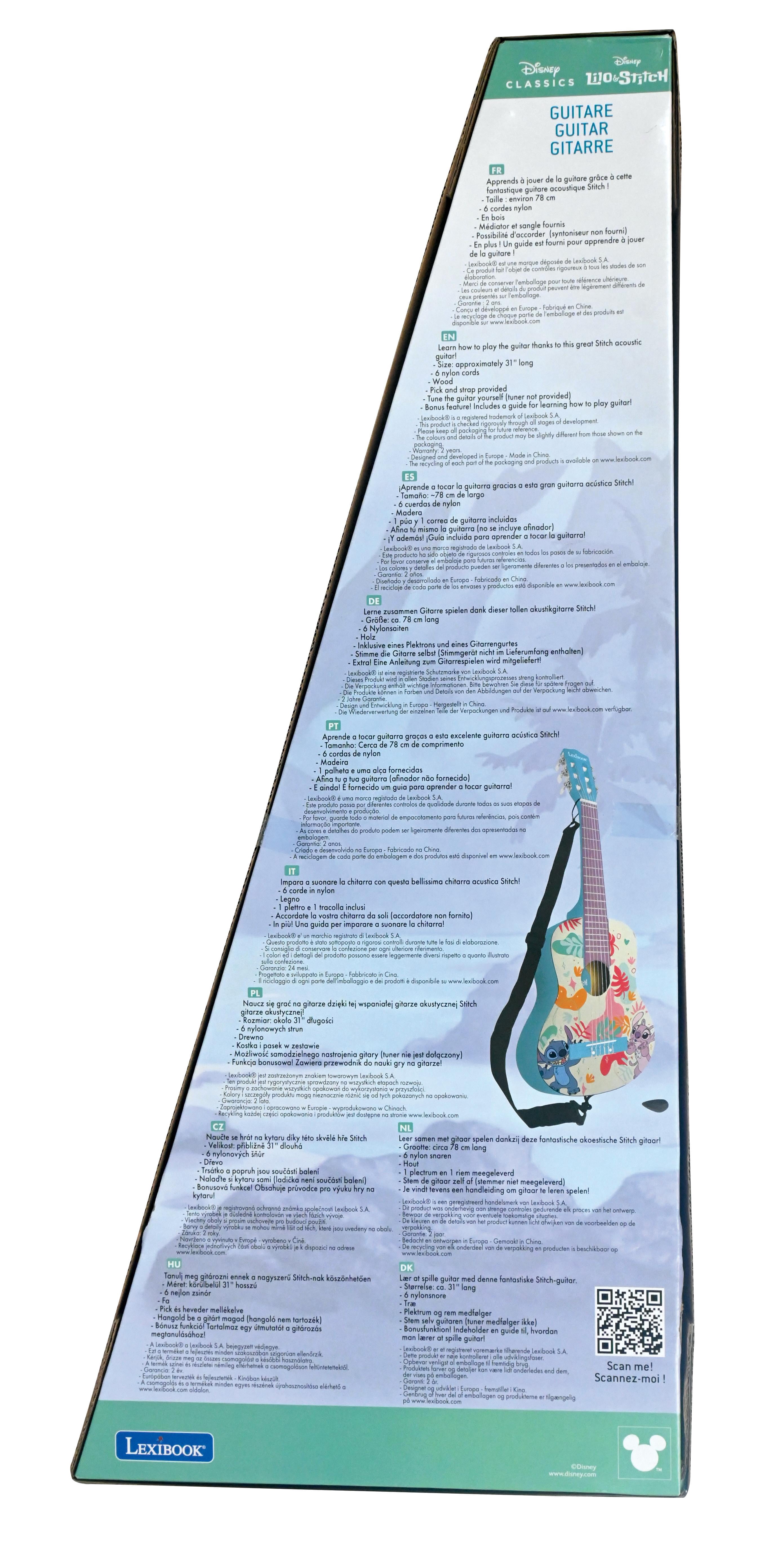 Lexibook Disney Stitch, My First Wooden Acoustic Guitar, 6 Nylon Strings, 78 cm (30"), Learning Guide, Pick and Strap Included