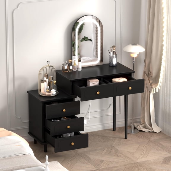 PYY Makeup Vanity Desk with Mirror and Lights, Modern Black Vanity Table with 2 Drawers & Adjustable 3-Drawer Cabinet, Wood Dressing Table for Bedroom, Home Office, Black