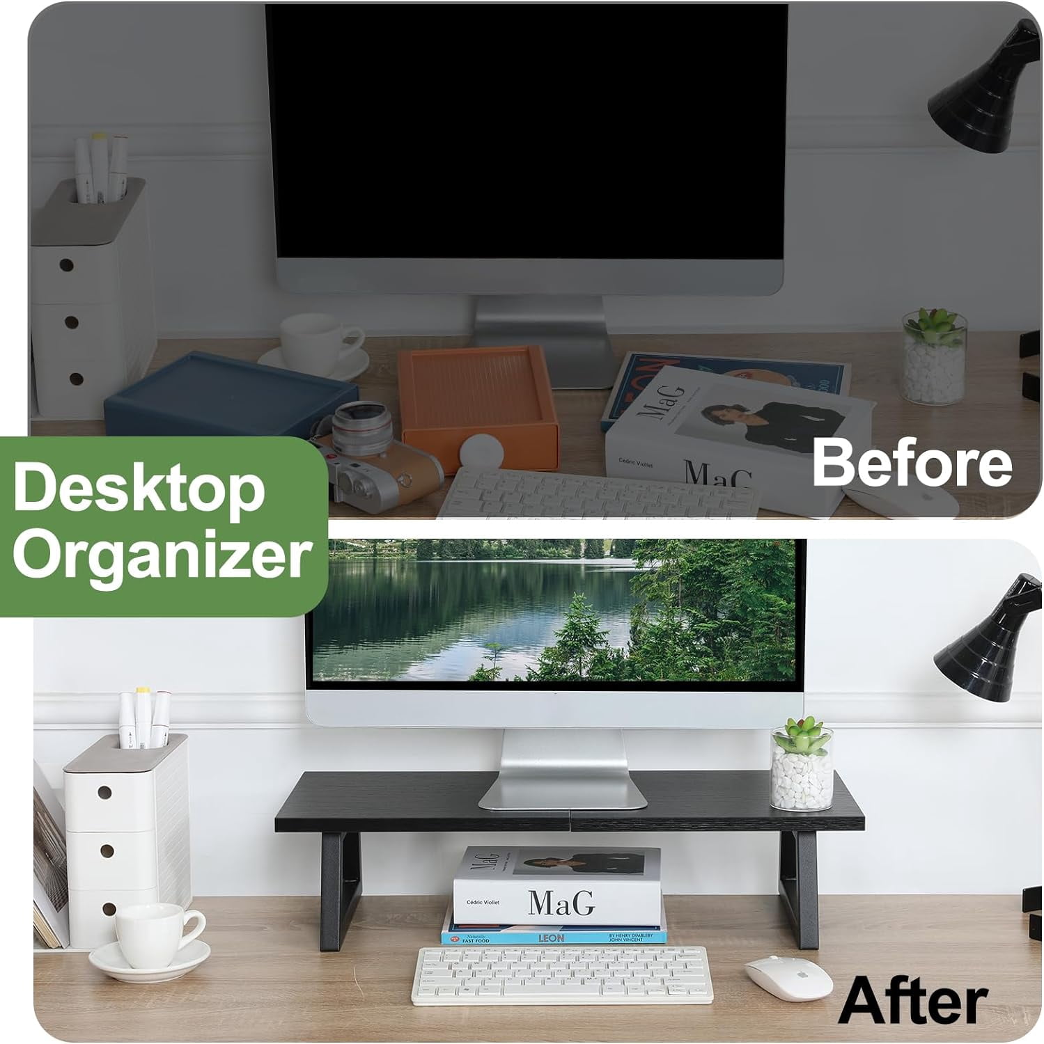 24 inch Monitor Stand Riser, Black Wood & Steel Computer Monitor Stand with Storage, Laptop, PC, Printer Stand Riser for Desktop Office Desk Organizers