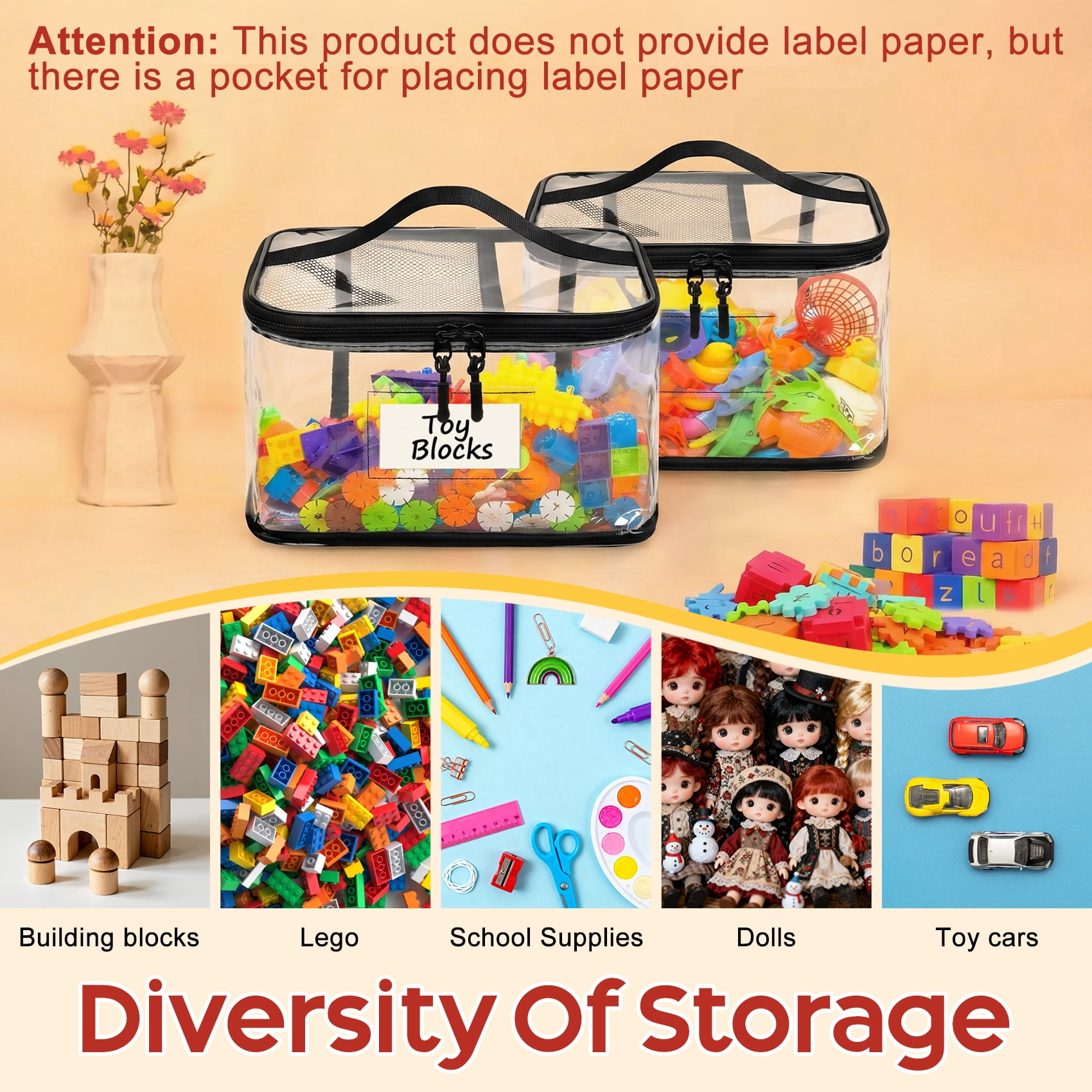 4-Pack Clear PVC Toy Storage Bags with Handles, Zippered Organizer Bags for Puzzles Board Games Legos, Playroom Storage Cases with Label