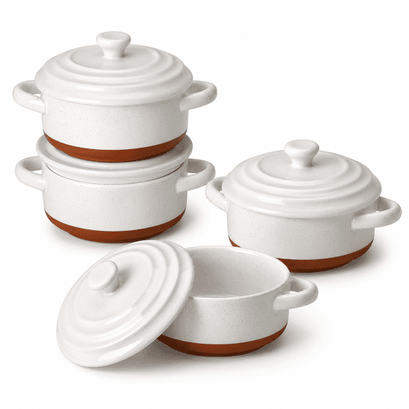 12 Oz Set of 4 Ceramic Mini Dutch Oven Cocottes, Khaki White, Single Serving Casserole Dishes