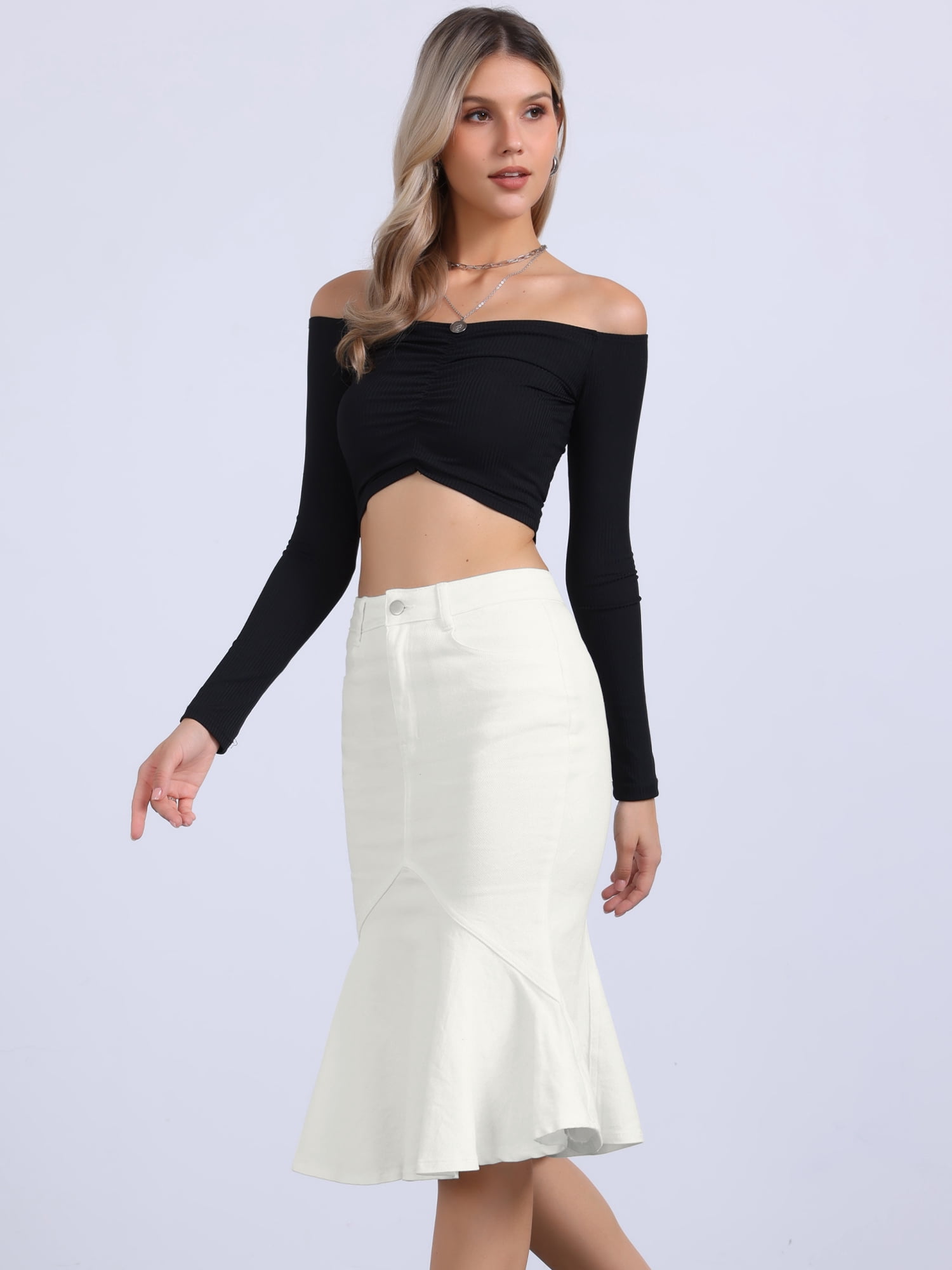 DARING DIVA Women's Denim Jean Bodycon Ruffles Fishtail Skirts S White
