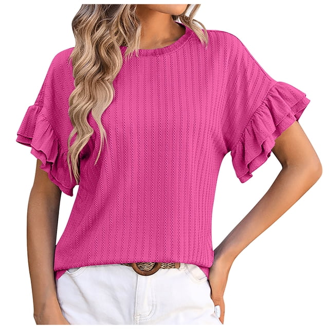 AherBiu Summer Tops for Women Ruffle Short Sleeve Ribbed Casual Loose Crewneck Shirts Blouse