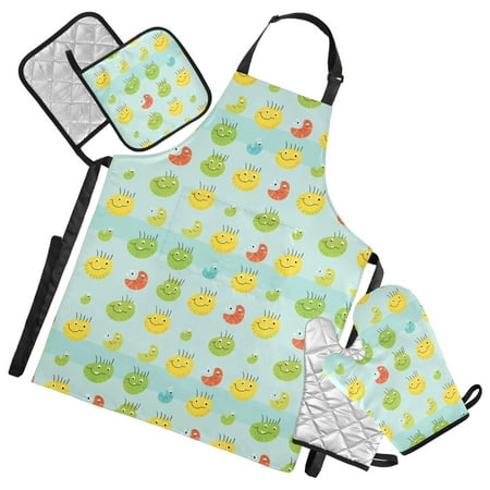 Cartoon Bug Face 5 Pcs Kitchen Set Heat Resistant Oven Mitts and Non-Slip Pot Holders with Adjustable Cooking Apron