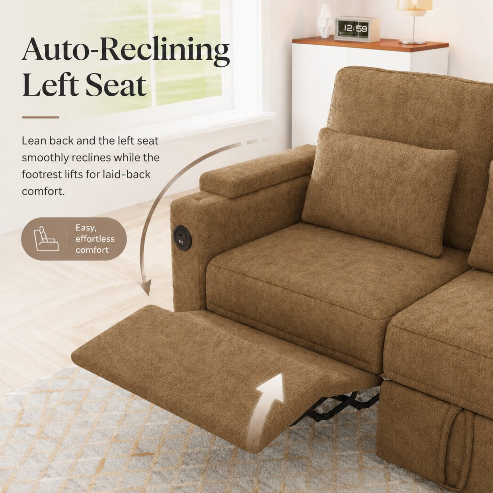 DEALTOPS 81" Chenille Pull-Out Sleeper Sofa Bed with Recliner, Tray Table, USB Ports & Storage, Brown