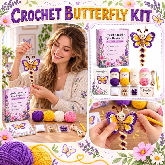Beginner Crochet Kit for Adults with 4 Cotton Yarn Balls and Step-By-Step Photo Tutorials, Purple, Yellow, Cream, and Pink Spiral Butterfly Hanging Decoration for Garden and Porch