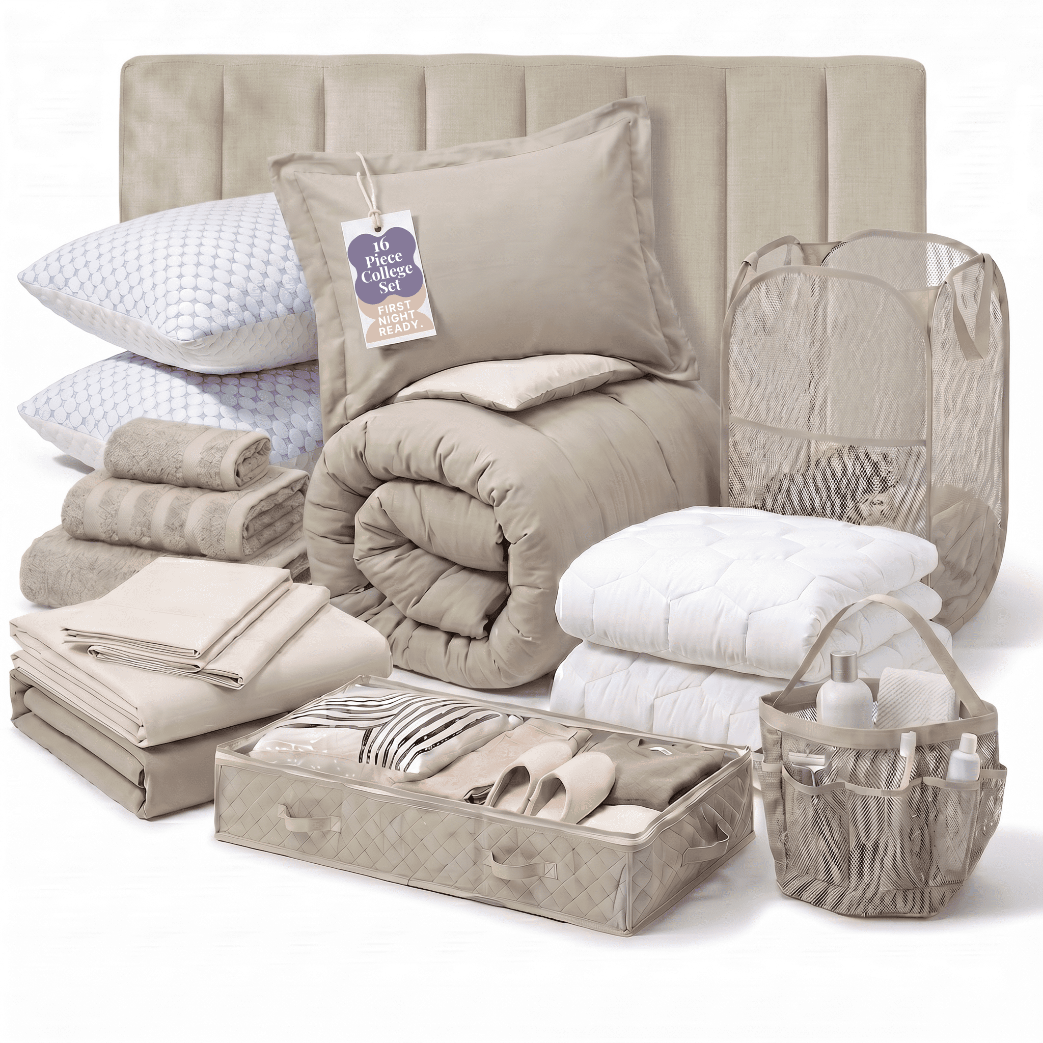 LammaLoe 16 Piece Complete Dorm Room Set, Twin XL Comforter Set, Includes Sheet Set, Mattress Protector, Pillows, Headboard, Towels & Organizers - All Dorm Accessories Included, Linen