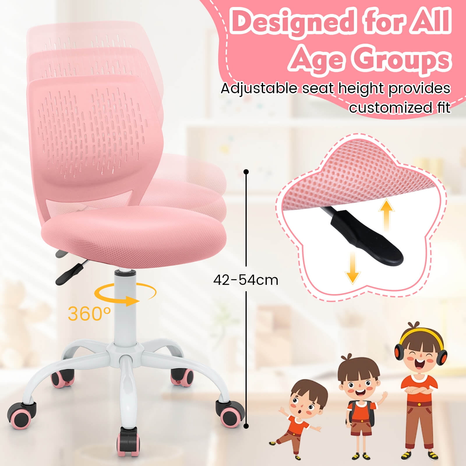 Costway Kids Desk Chair Ergonomic Swivel Children Mesh Study Height Adjustable Pink Pink