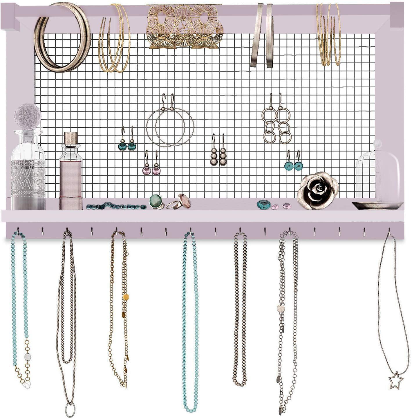 Necklaces and Bracelets Holder Vintage Jewelry Display Perfect Earrings Comfify Rustic Jewelry Organizer Wall Mounted Jewelry Holder Organizer with Removable Bracelet Rod and 16 Hooks