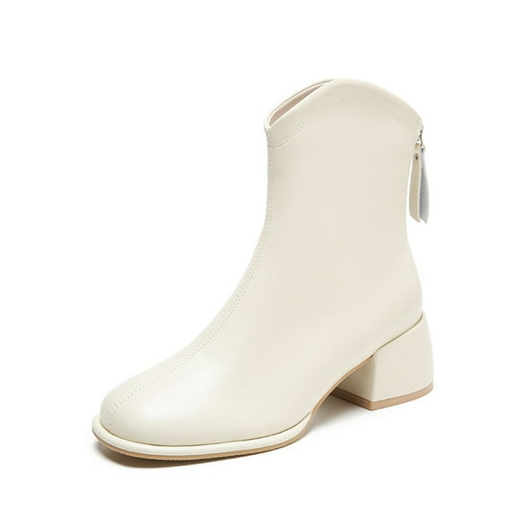 Lovskoo 2024 Women's Dressy Ankle Boots Hidden Wedge Chunky Stacked Heel Zipper Boots Vintage Leather Wedding Dress Shoes Fleece Warm Western Booties White