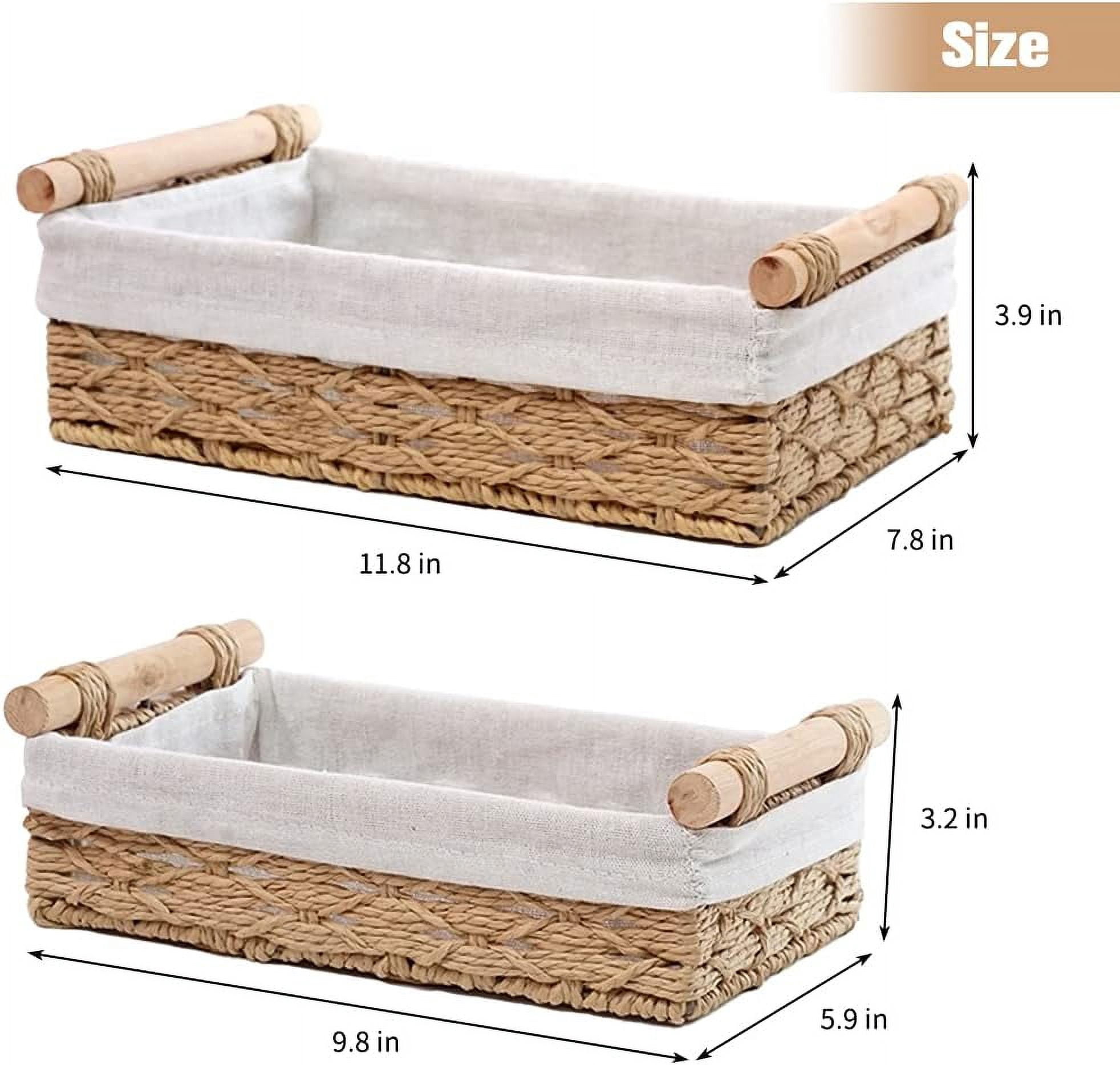 LTONLINE Wicker Storage Baskets with Wooden Handles, Small Decorative Baskets for Organizing, Bathroom Toilet Tank Baskets (Set of 2,Beige)