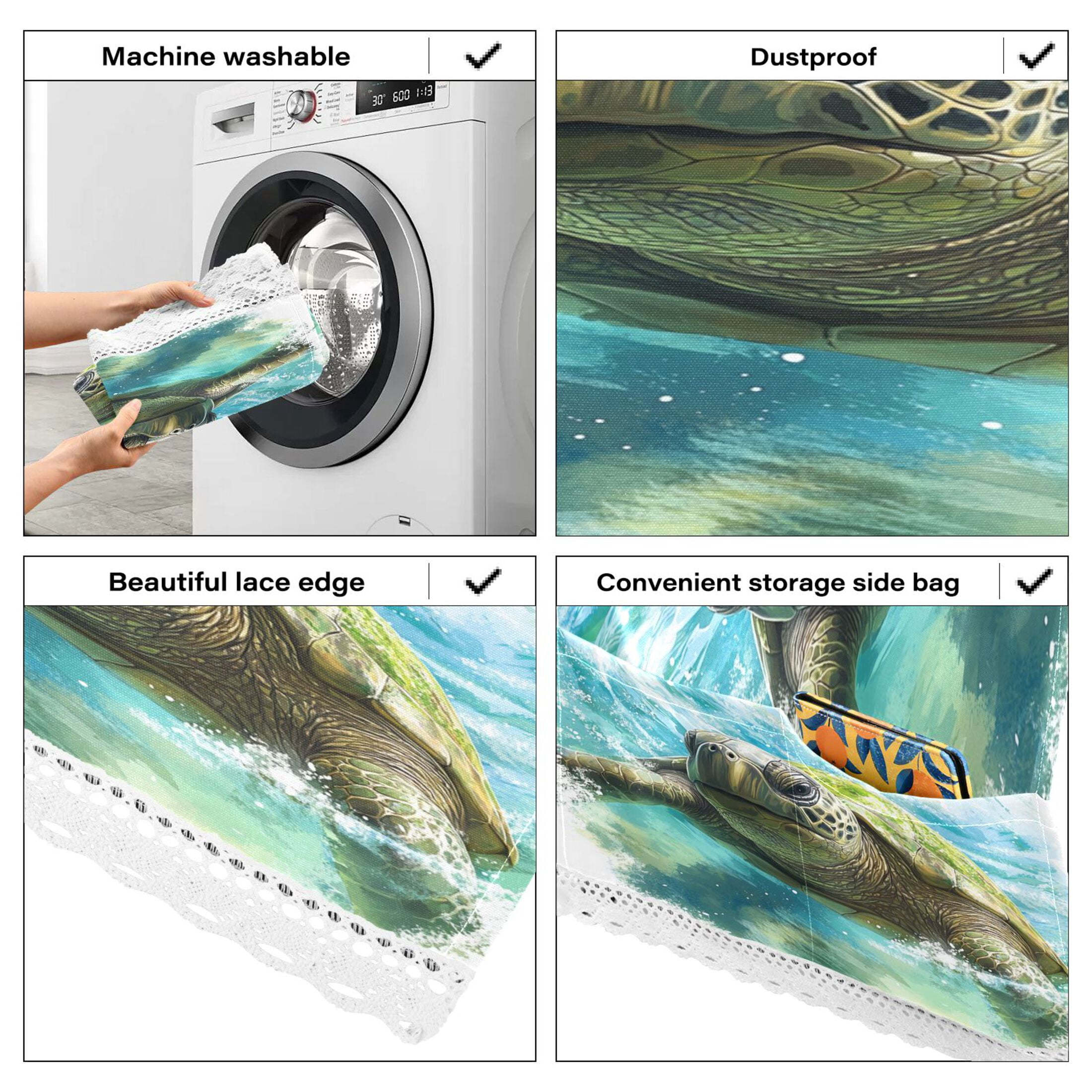 Washing Machine Cover 51.2x22in, Durable Polyester Dust Cover with Lace Trim and Side Pocket for Appliances Great Turtle