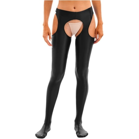 

MSemis Womens Oil Shiny Stockings Seamless Open Crotch Glossy Footed Tights Pantyhose Black M