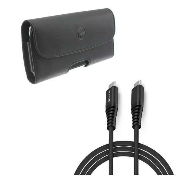 Black Leather Carry Case Side Cover Pouch w 6ft Long Braided Type-C Cable [C-to-C] Black Sync Wire Y3V for Alcatel 7 - Coolpad Legacy - Nokia 3.1 Plus - OnePlus 7 Pro - Samsung Galaxy S10 5G