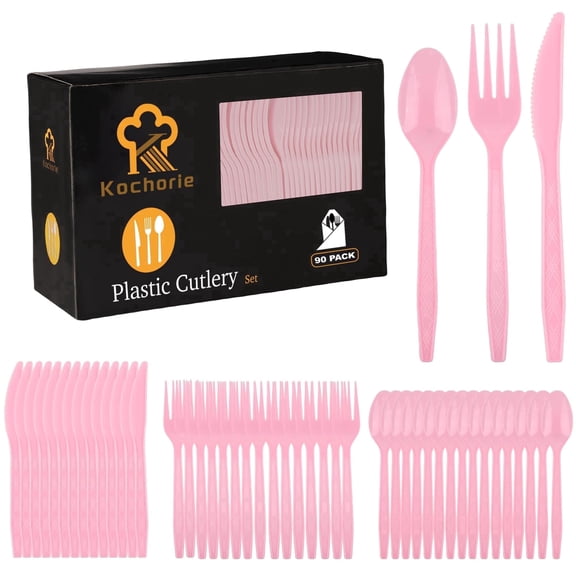 Kochorie 90 Pieces Pink Heavy Duty Disposable Plastic Cutlery Flatware Set, Utensils with 30 Knives 30 Forks 30 Spoons for Wedding Birthday Party Banquet Events