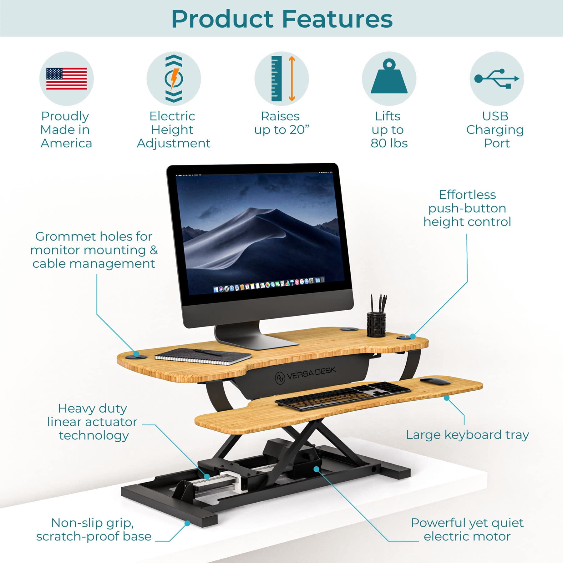 VersaDesk PowerPro Electric Standing Desk Converter with USB Port, Adjustable Wood & Steel Sit-Stand Workstation for Home/Office | Light Brown, 36x24