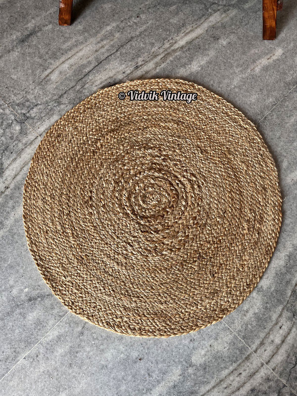 Vidvik Vintage Indian Hand Woven Bohemian Natural Color Round Area Jute Rug for Home Decor (90 x 90 cm