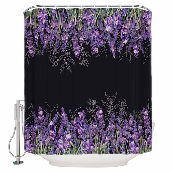 Purple Lavender Bathroom Shower Curtains with 12 Hooks Polyester Waterproof Shower Curtain for Stalls and Bathtubs Spring Watercolor Wildflowers Plant Black Decorative Bathroom Curtain 60x72 Inches