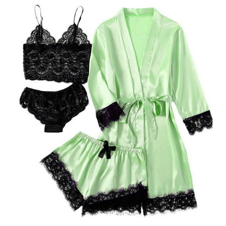 SwiftWear Green Silk Satin Pajama Set 4pcs Sleepwear Pajamas for Women Set Floral Lace Cami Panty Shorts Set with Robe   S