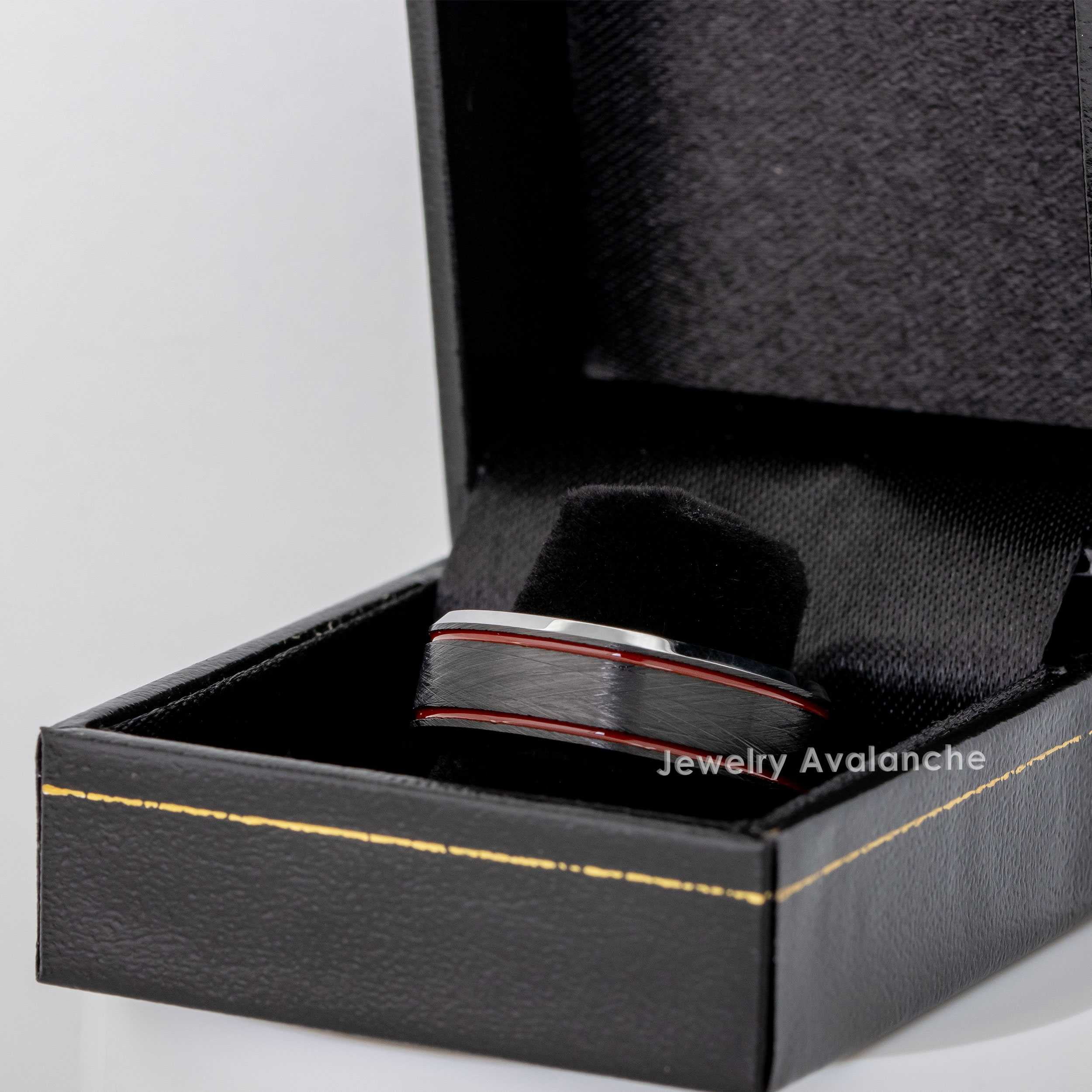 Jewelry Avalanche Double Red Grooved Accent Tungsten Wedding Band for Men, Firefigther Ring, 8MM, size 10