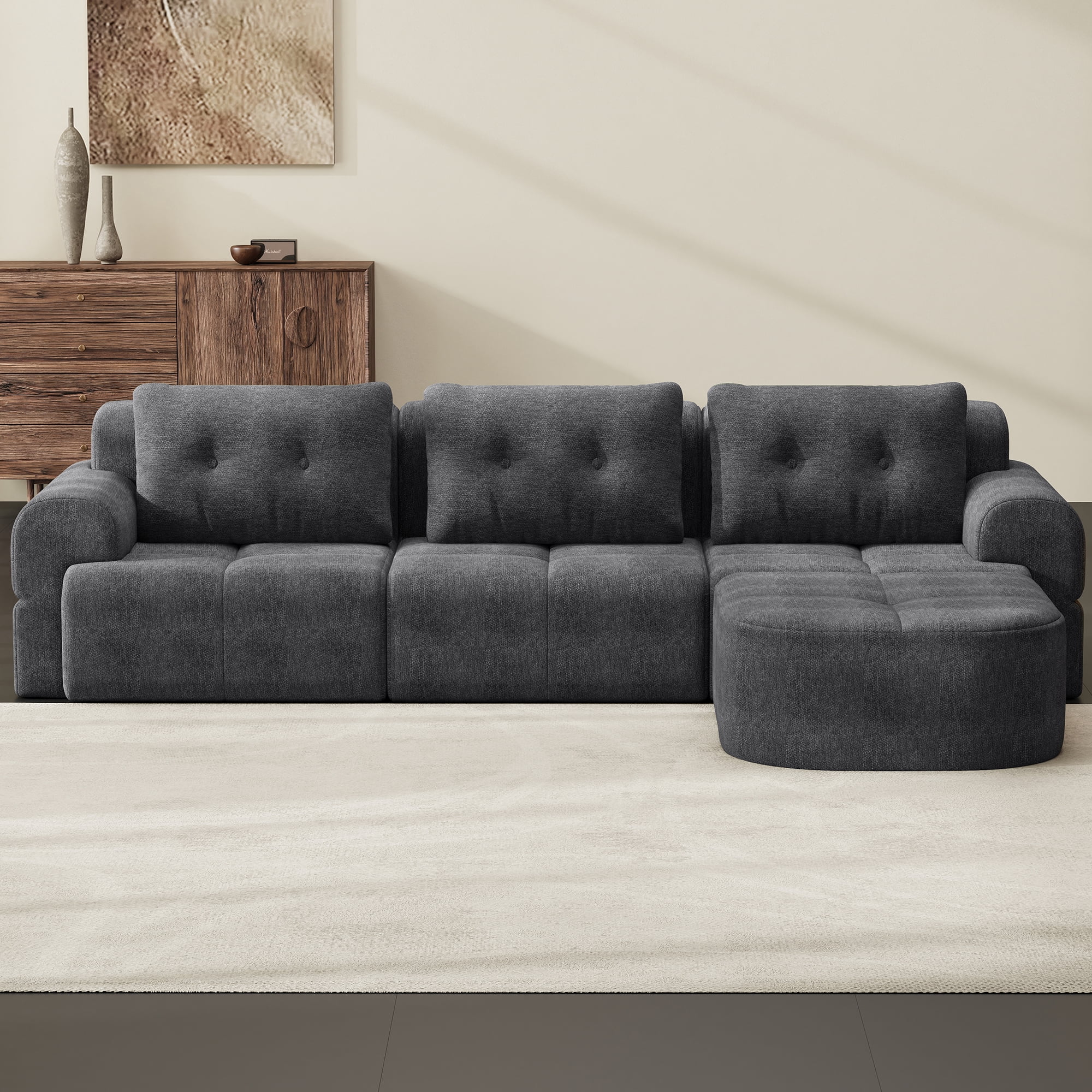 Modular Sectional Sofa with Chaise and Full-Foam Structure, 112-Inch Oversized Couch with Woven Texture Upholstery for Living Room, Dark Grey